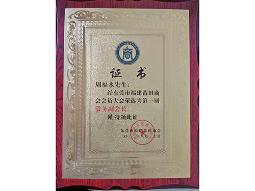 福建莆田商會(huì)常務(wù)副會(huì)長(zhǎng)證書(shū)